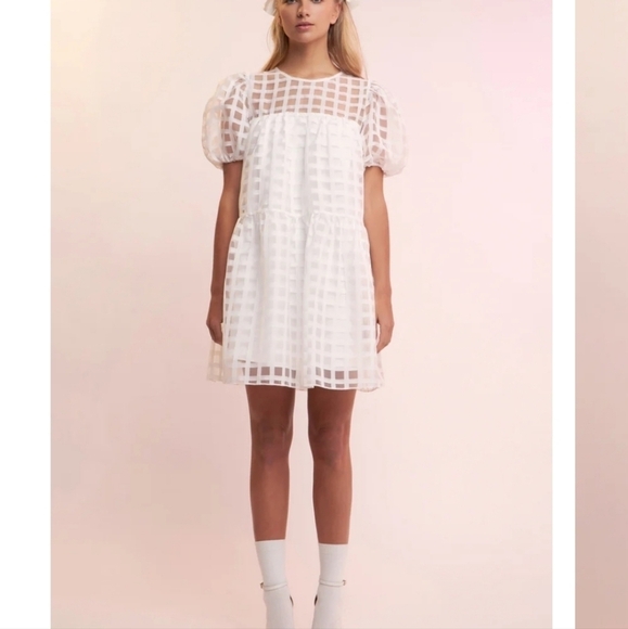 English Factory Gridded Organza Mini Dress in White Small Puff Sleeves - Picture 1 of 10